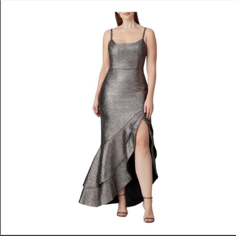 Hutch | Anthropologie Silver Metallic asymmetric hemline Malia Gown - plus size